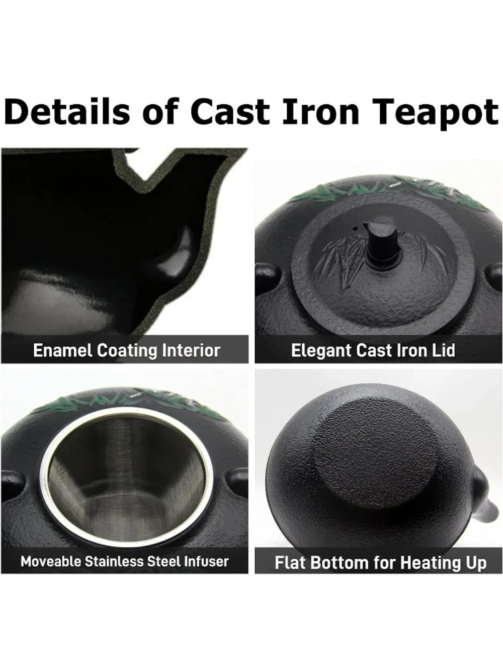 Black Cast Iron Kitchen Japanese Tea Pot 84.6oz 2500ml Stovetop Bamboo Infuser